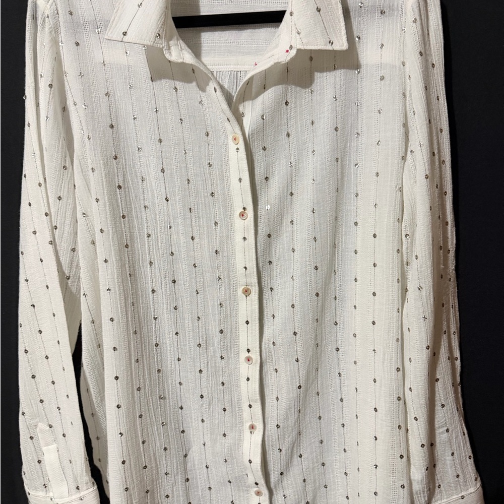 Anthropologie Ivory Button-Down Shirt with sequins.
